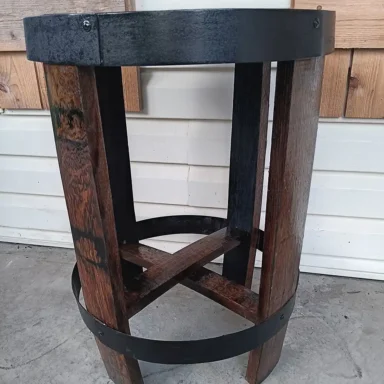 Rustic barrel end table with metal accents