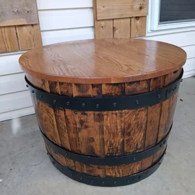 Rustic coffee table made from barrel.