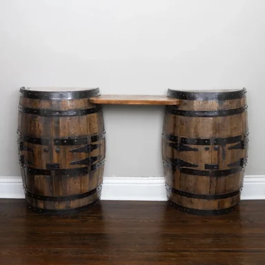 Barrel console table with walnut stain and solid oak table connecting the two cabinets