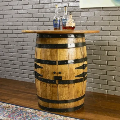 Authentic whiskey barrel converted into a barrel cabinet with doors, and a solid oak round tabletop placed on top.