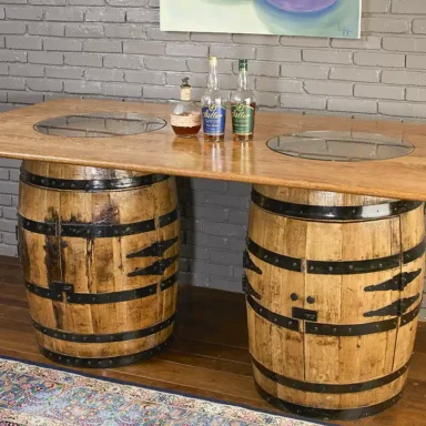 whiskey barrel table with doors closed on both cabinets. Handmade solid oak top with glass inserts to see the distillery stamp on the barrel lid