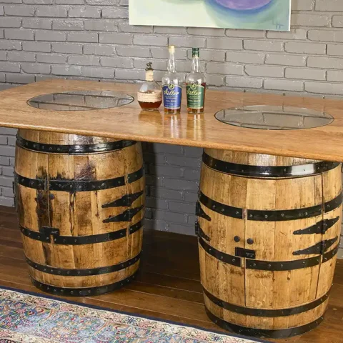 whiskey barrel table with doors closed on both cabinets. Handmade solid oak top with glass inserts to see the distillery stamp on the barrel lid