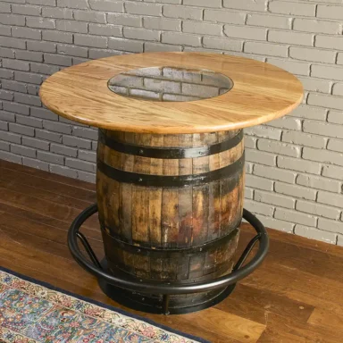 Bourbon Whiskey barrel table with a round oak tabletop and metal footrest. Glass insert in the middle of the table to show the distillery stamp on the barrel