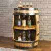 Handcrafted Whiskey barrel cabinet featuring 2 lazy susans. Metal rings painted black.