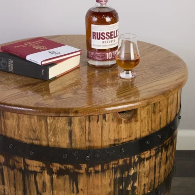 close up of the oak top on the half barrel table coffee table