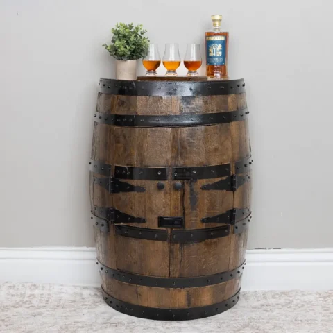 Doors closed on half whiskey barrel cabinet with doors