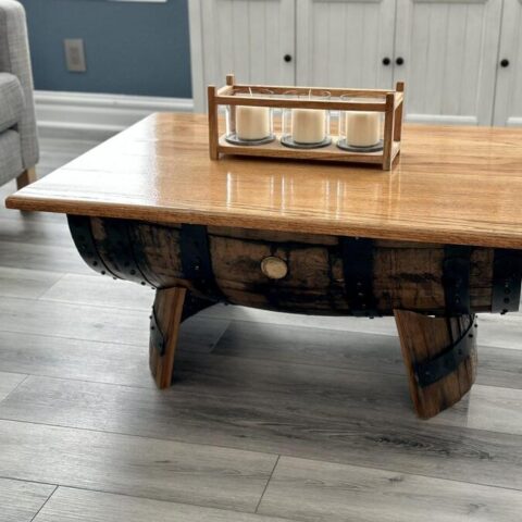 Bourbon Barrel coffee table with solid oak top