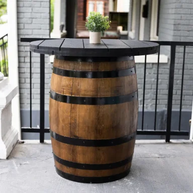 outdoor barrel table with walnut stain