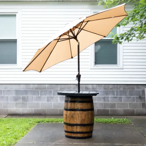 outdoor barrel table – polyurethane finish, umbrella holder, no footrest