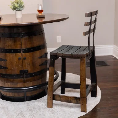 Rustic chair made from barrel staves. Dark wood stain