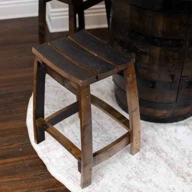 barrel stave stool next to barrel table