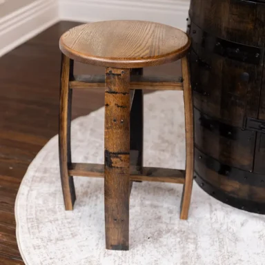 round stool seat with barrel stave legs with dark wood stain