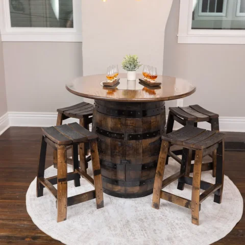Barrel cabinet and table surrounded by 4 stools all in a dark wood stain