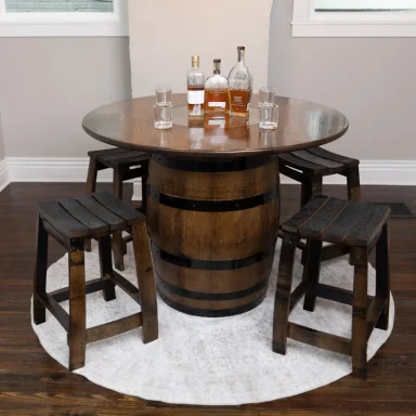 Whiskey barrel table with oak top and 4 stave stools around it