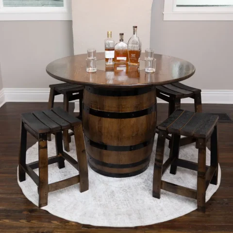 Whiskey barrel table with oak top and 4 stave stools around it