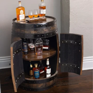 Opened doors on dark stained barrel cabinet