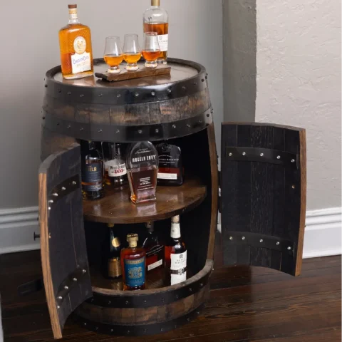 Opened doors on dark stained barrel cabinet