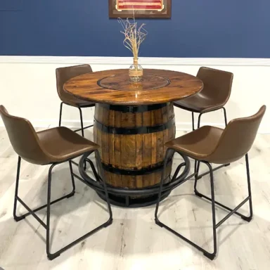 Barrel table with chestnut stain and glass insert