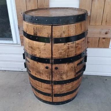 Wine barrel cabinet with closed doors